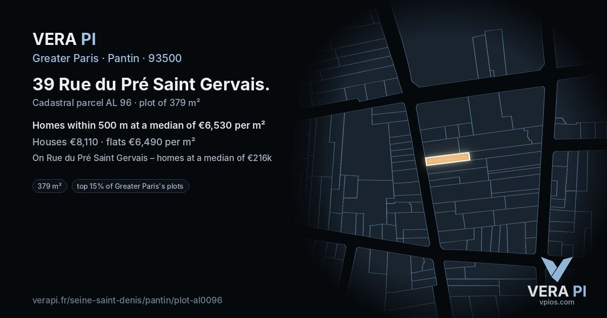39 Rue du Pré Saint Gervais, Pantin at night – the plot lit, the parcels around coloured by the prices near them