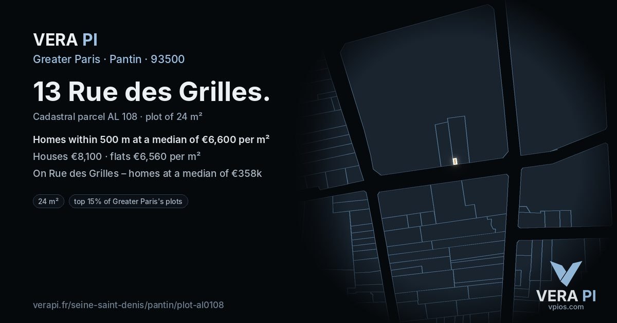 13 Rue des Grilles, Pantin at night – the plot lit, the parcels around coloured by the prices near them