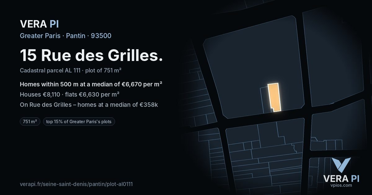 15 Rue des Grilles, Pantin at night – the plot lit, the parcels around coloured by the prices near them