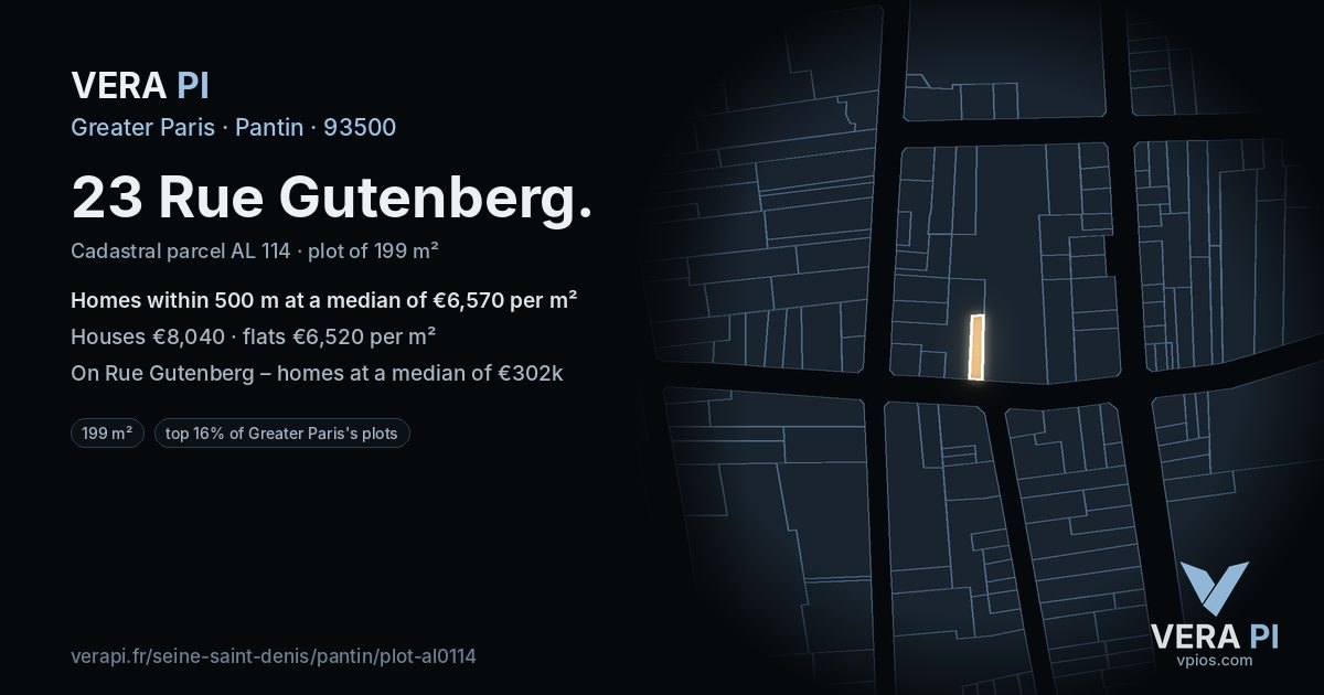 23 Rue Gutenberg, Pantin at night – the plot lit, the parcels around coloured by the prices near them