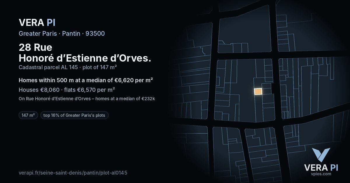 28 Rue Honoré d’Estienne d’Orves, Pantin at night – the plot lit, the parcels around coloured by the prices near them