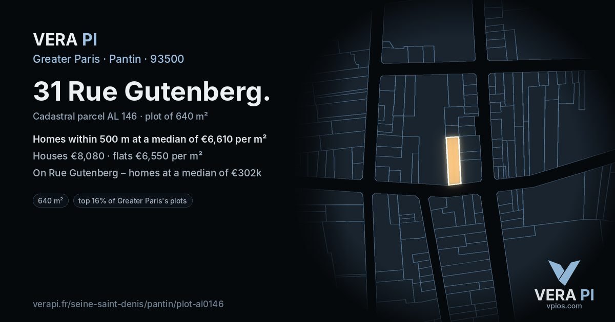 31 Rue Gutenberg, Pantin at night – the plot lit, the parcels around coloured by the prices near them