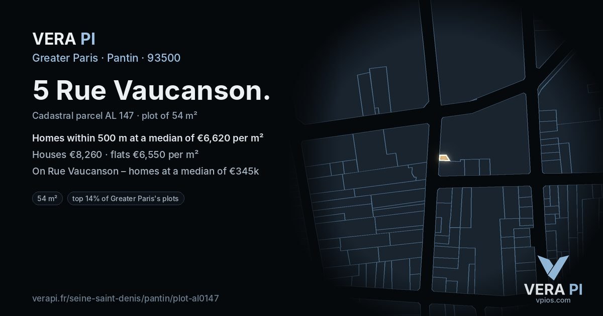 5 Rue Vaucanson, Pantin at night – the plot lit, the parcels around coloured by the prices near them