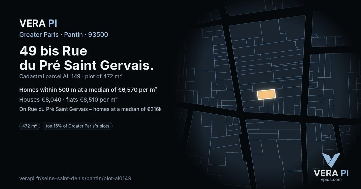 49 bis Rue du Pré Saint Gervais, Pantin at night – the plot lit, the parcels around coloured by the prices near them