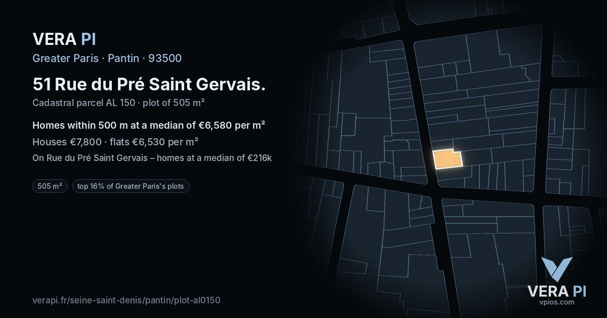 51 Rue du Pré Saint Gervais, Pantin at night – the plot lit, the parcels around coloured by the prices near them
