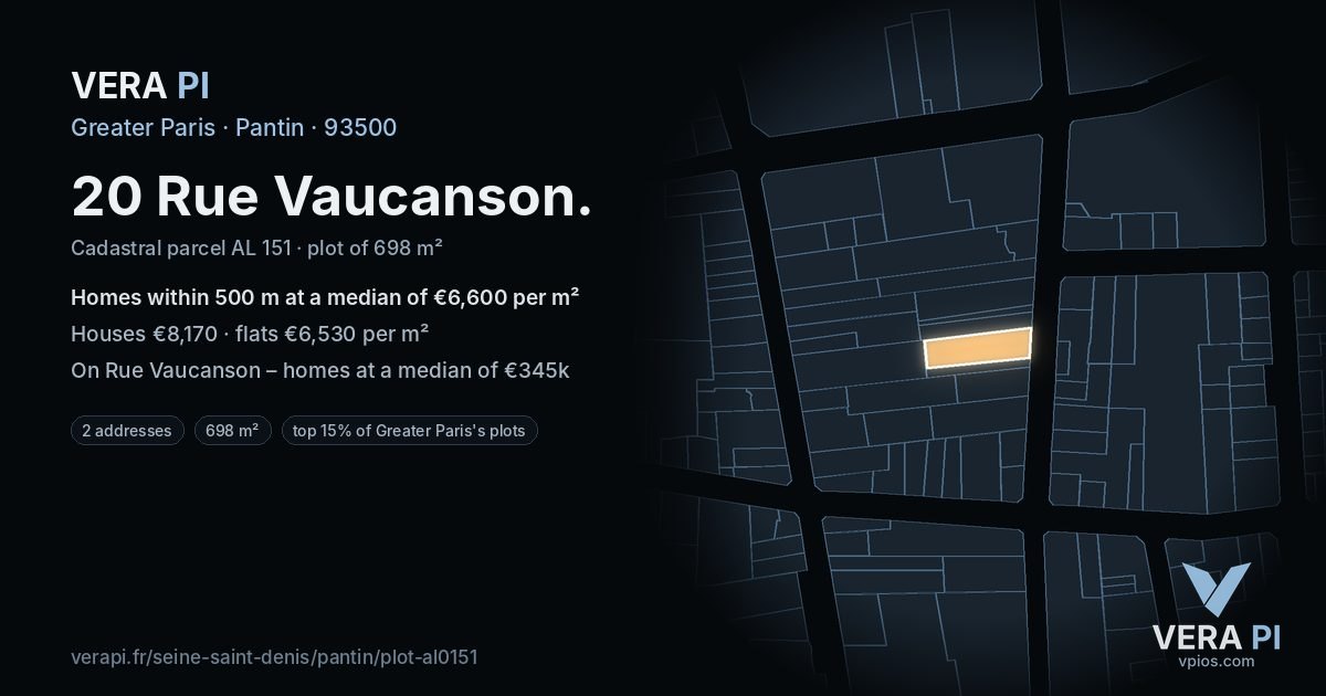 20 Rue Vaucanson, Pantin at night – the plot lit, the parcels around coloured by the prices near them