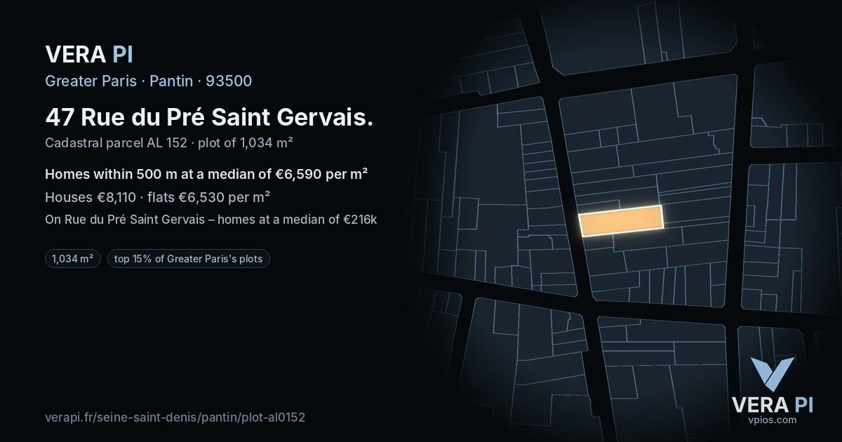 47 Rue du Pré Saint Gervais, Pantin at night – the plot lit, the parcels around coloured by the prices near them