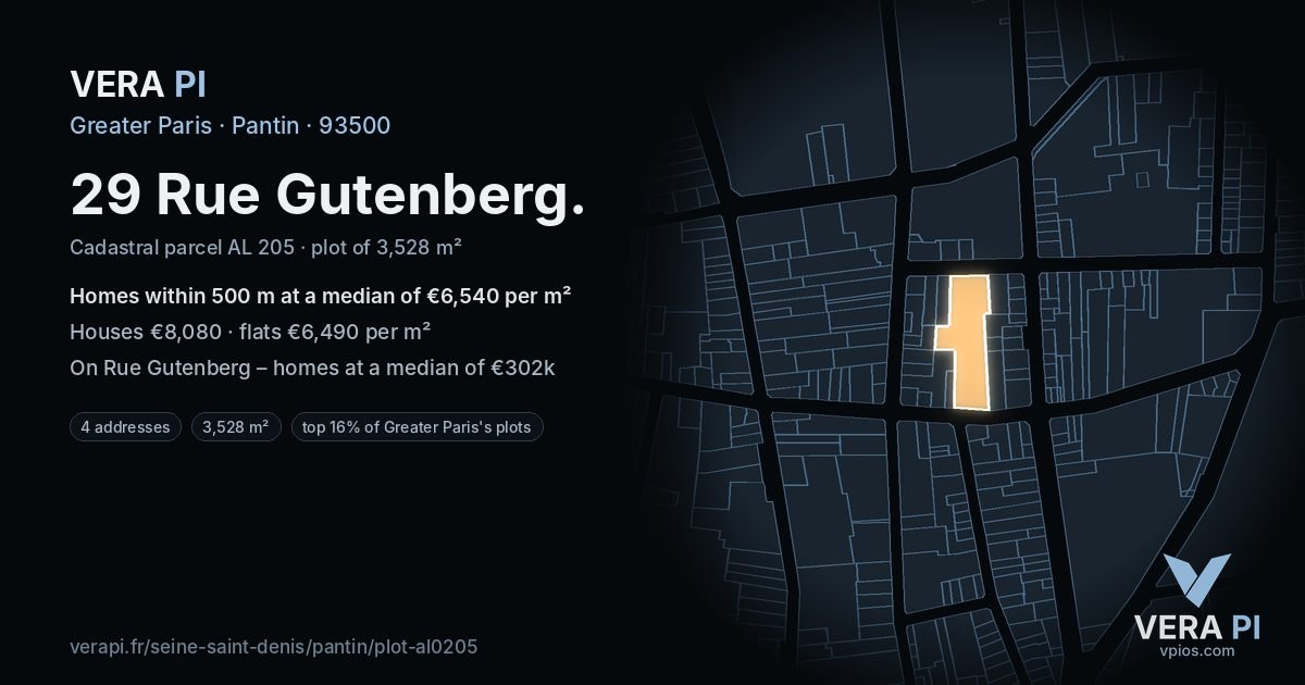 29 Rue Gutenberg, Pantin at night – the plot lit, the parcels around coloured by the prices near them