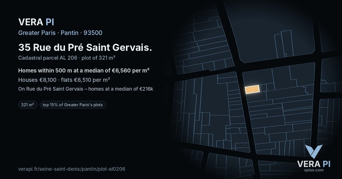 35 Rue du Pré Saint Gervais, Pantin at night – the plot lit, the parcels around coloured by the prices near them