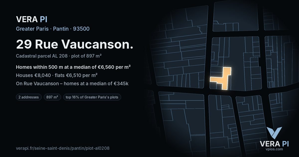 29 Rue Vaucanson, Pantin at night – the plot lit, the parcels around coloured by the prices near them