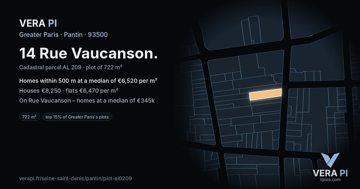 14 Rue Vaucanson, Pantin at night – the plot lit, the parcels around coloured by the prices near them
