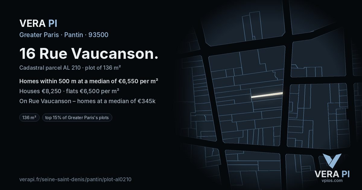 16 Rue Vaucanson, Pantin at night – the plot lit, the parcels around coloured by the prices near them