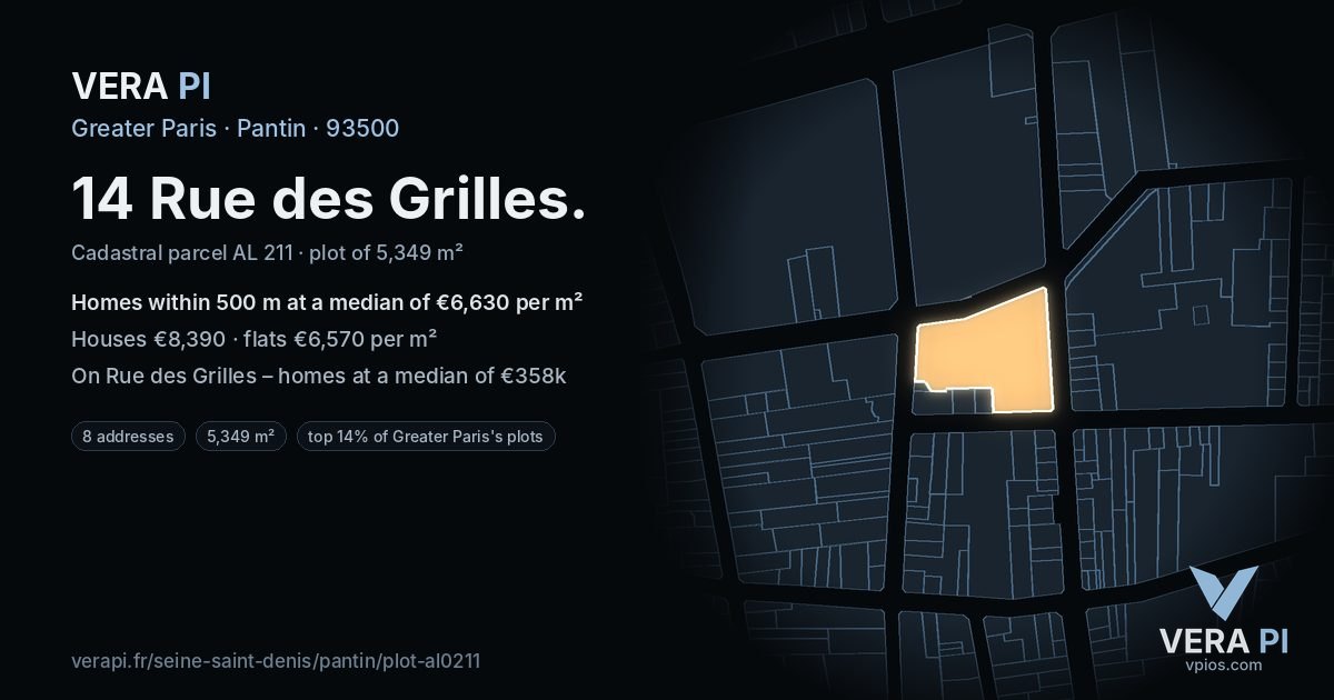 14 Rue des Grilles, Pantin at night – the plot lit, the parcels around coloured by the prices near them