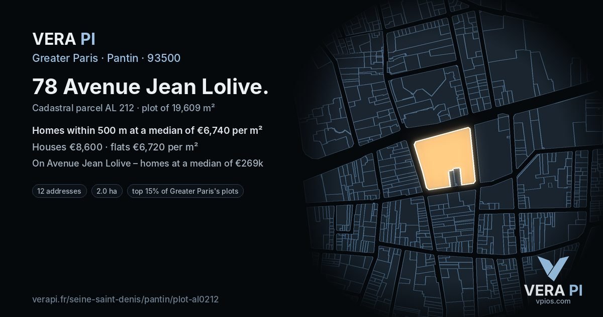 78 Avenue Jean Lolive, Pantin at night – the plot lit, the parcels around coloured by the prices near them