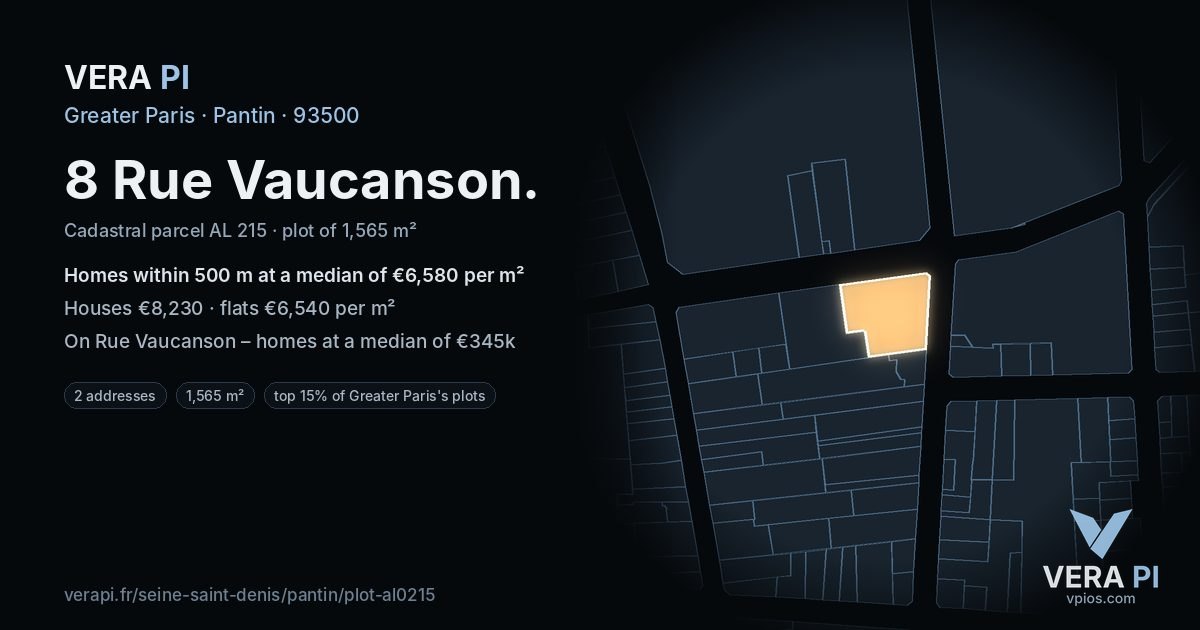 8 Rue Vaucanson, Pantin at night – the plot lit, the parcels around coloured by the prices near them
