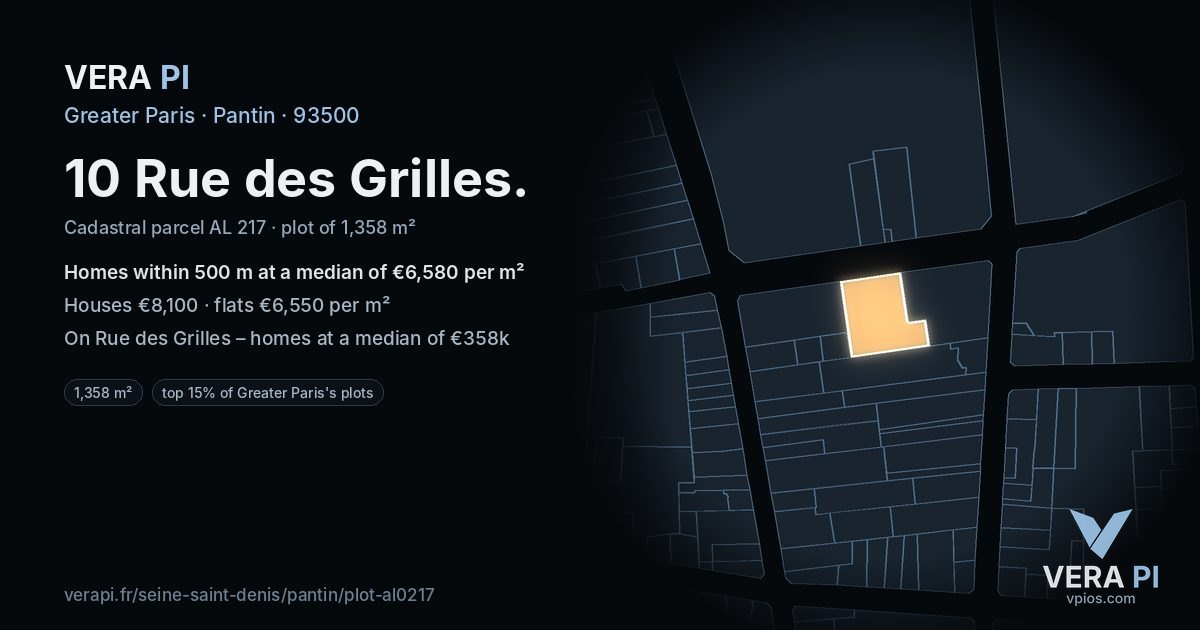 10 Rue des Grilles, Pantin at night – the plot lit, the parcels around coloured by the prices near them
