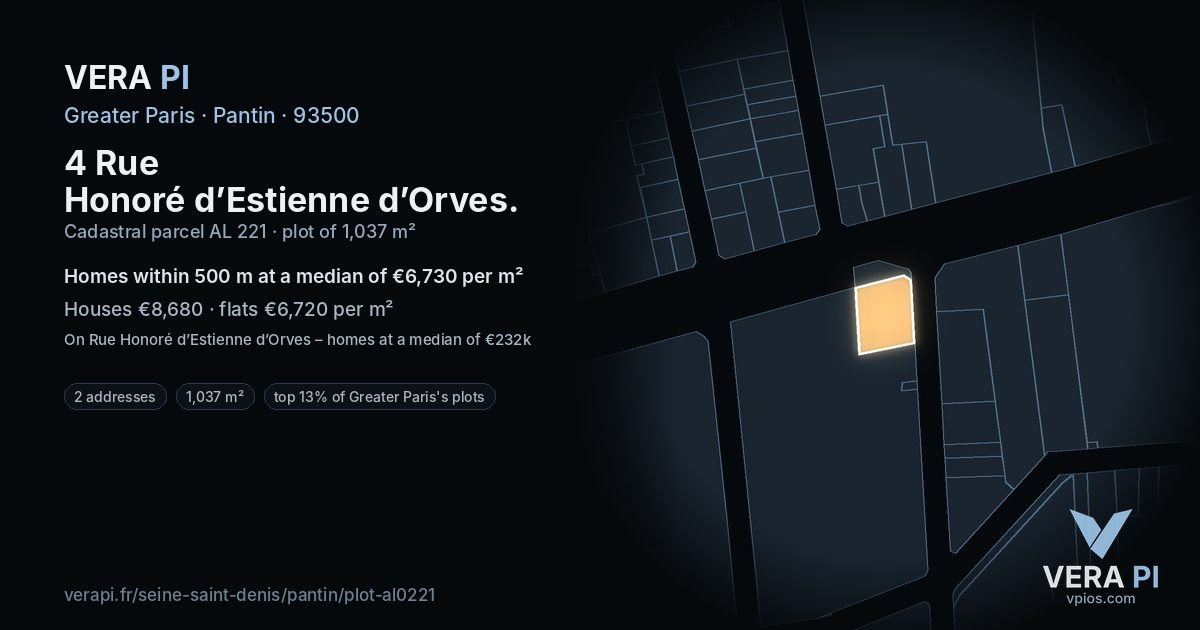 4 Rue Honoré d’Estienne d’Orves, Pantin at night – the plot lit, the parcels around coloured by the prices near them