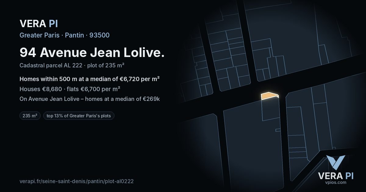 94 Avenue Jean Lolive, Pantin at night – the plot lit, the parcels around coloured by the prices near them