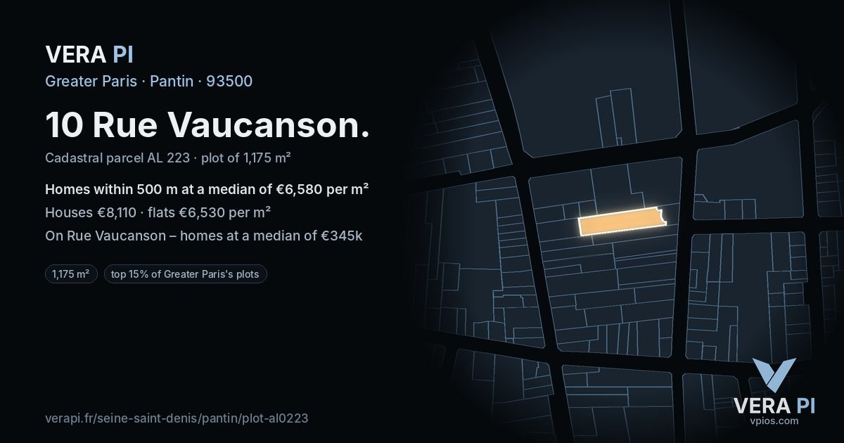 10 Rue Vaucanson, Pantin at night – the plot lit, the parcels around coloured by the prices near them