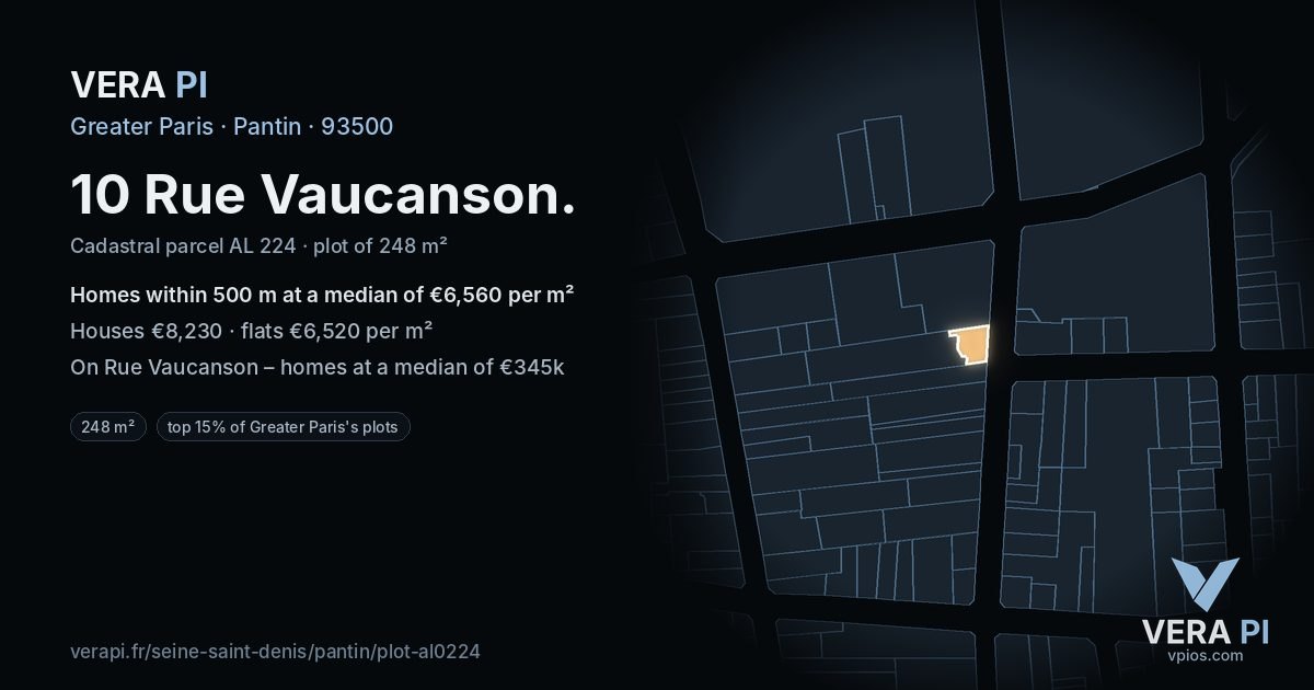 10 Rue Vaucanson, Pantin at night – the plot lit, the parcels around coloured by the prices near them
