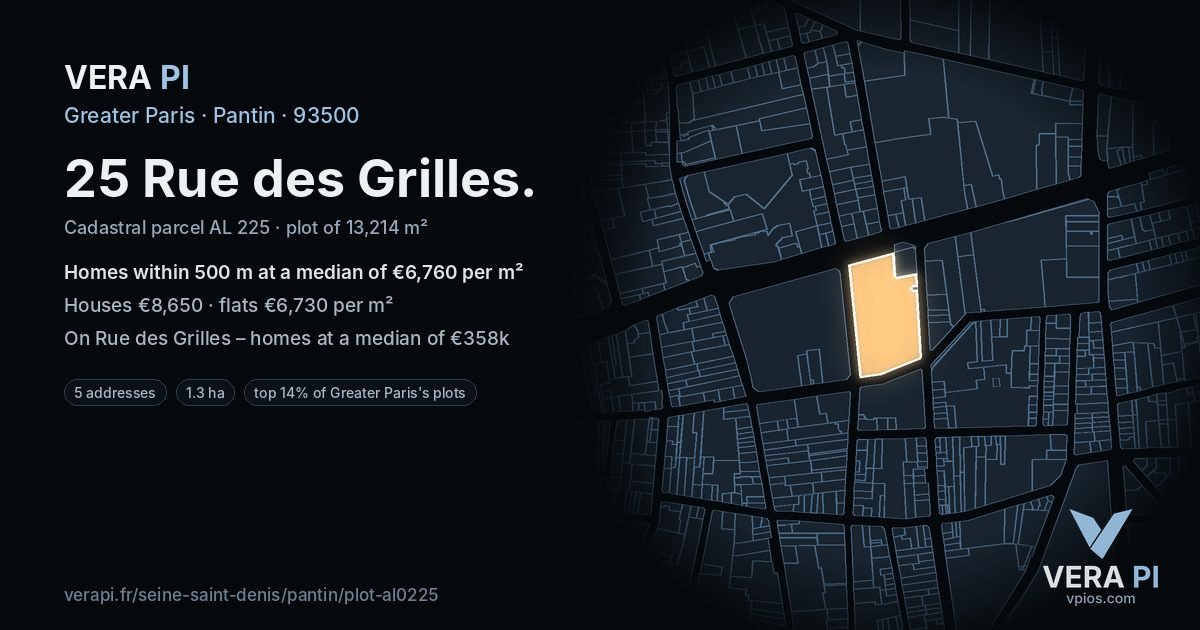 25 Rue des Grilles, Pantin at night – the plot lit, the parcels around coloured by the prices near them