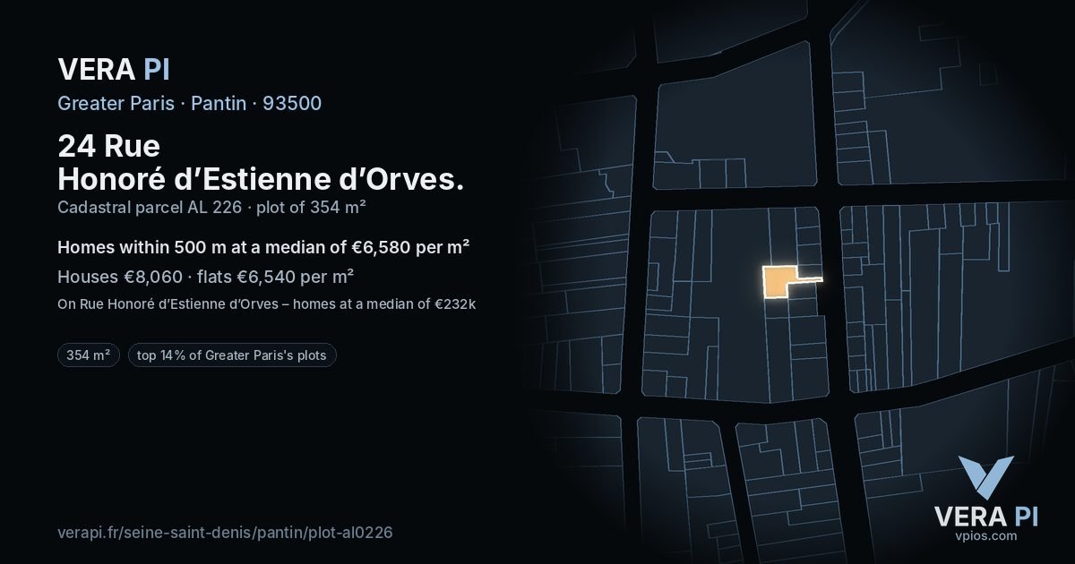 24 Rue Honoré d’Estienne d’Orves, Pantin at night – the plot lit, the parcels around coloured by the prices near them