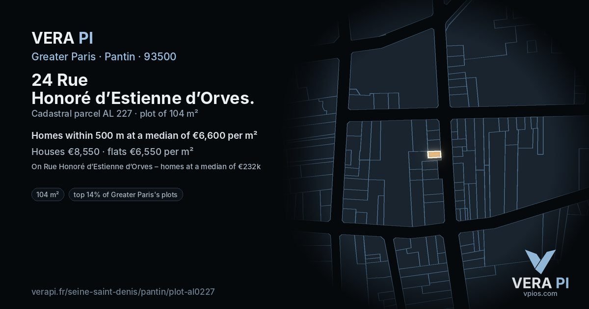 24 Rue Honoré d’Estienne d’Orves, Pantin at night – the plot lit, the parcels around coloured by the prices near them