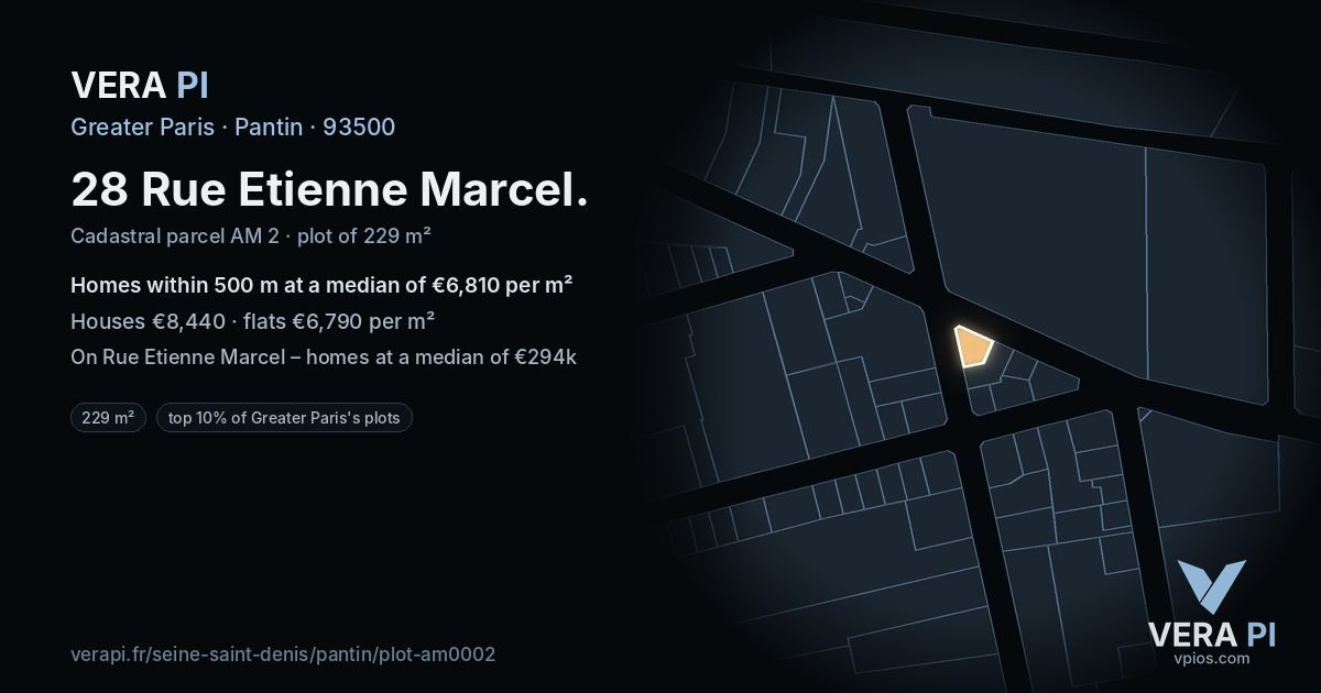 28 Rue Etienne Marcel, Pantin at night – the plot lit, the parcels around coloured by the prices near them