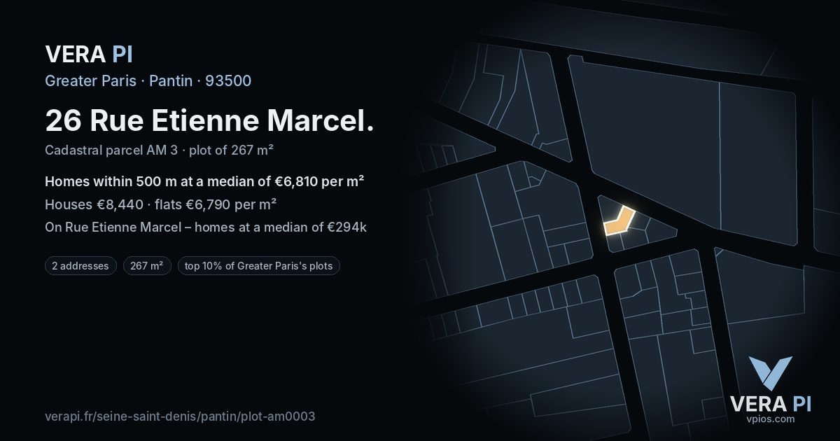 26 Rue Etienne Marcel, Pantin at night – the plot lit, the parcels around coloured by the prices near them