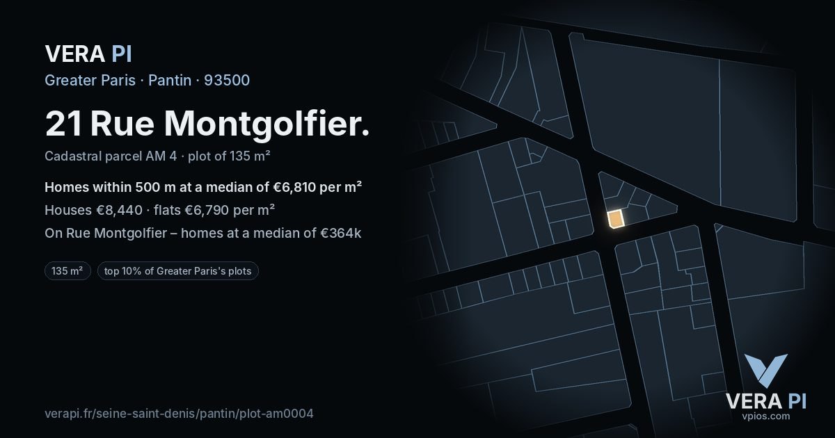21 Rue Montgolfier, Pantin at night – the plot lit, the parcels around coloured by the prices near them