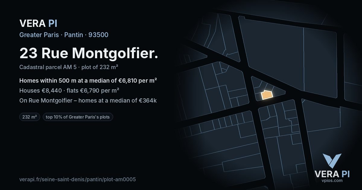 23 Rue Montgolfier, Pantin at night – the plot lit, the parcels around coloured by the prices near them