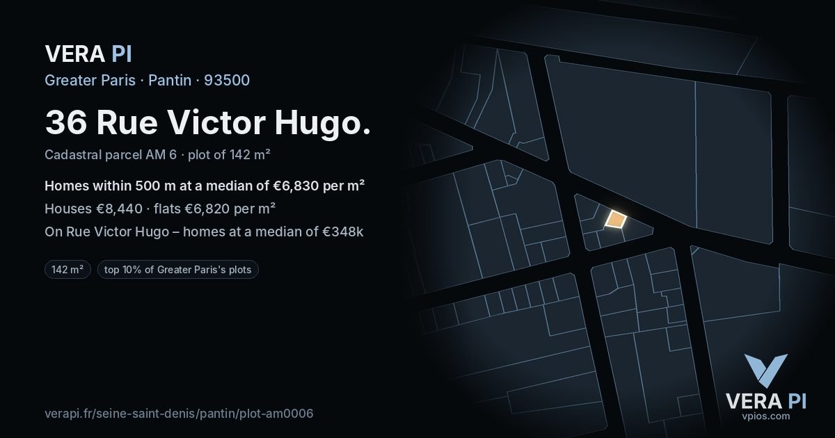 36 Rue Victor Hugo, Pantin at night – the plot lit, the parcels around coloured by the prices near them