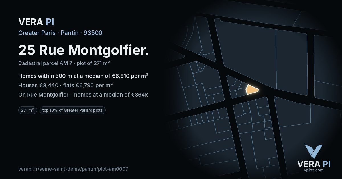 25 Rue Montgolfier, Pantin at night – the plot lit, the parcels around coloured by the prices near them