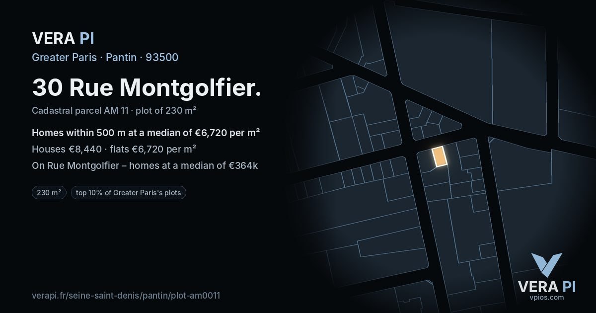 30 Rue Montgolfier, Pantin at night – the plot lit, the parcels around coloured by the prices near them