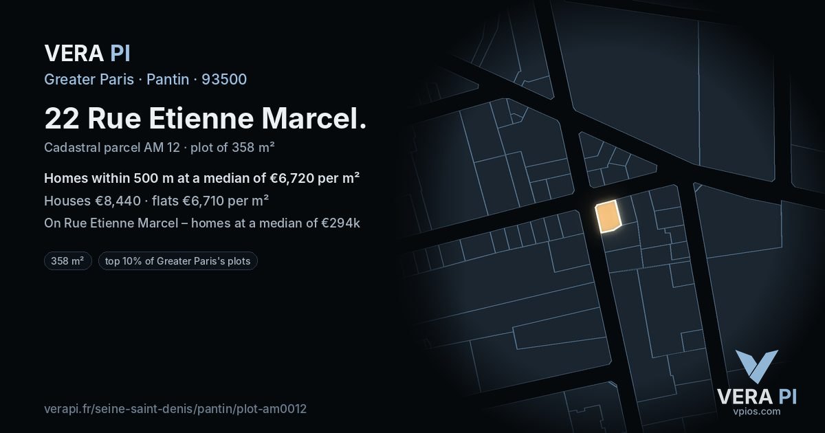 22 Rue Etienne Marcel, Pantin at night – the plot lit, the parcels around coloured by the prices near them