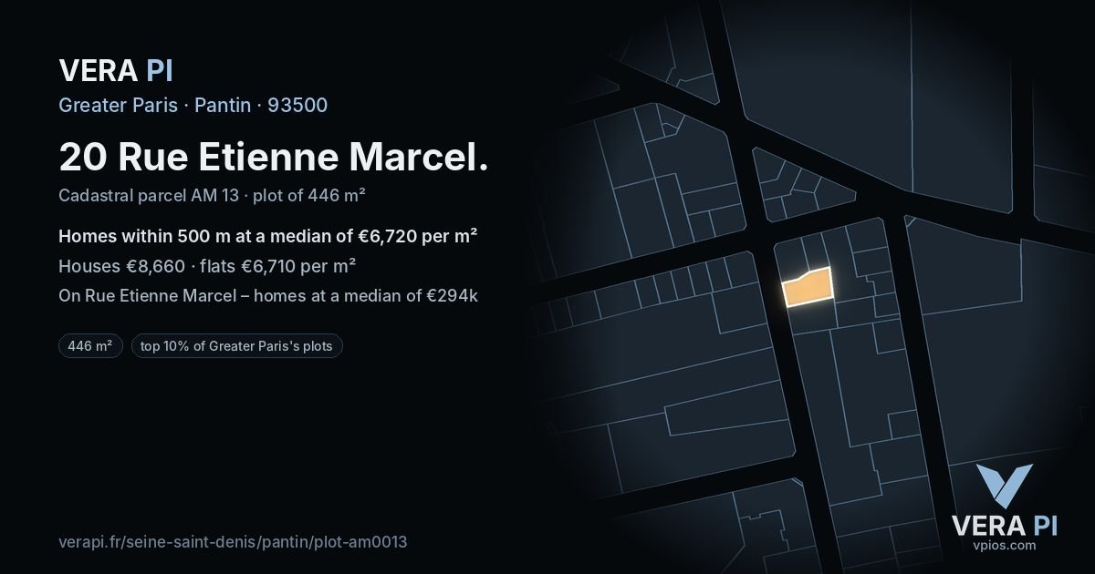 20 Rue Etienne Marcel, Pantin at night – the plot lit, the parcels around coloured by the prices near them