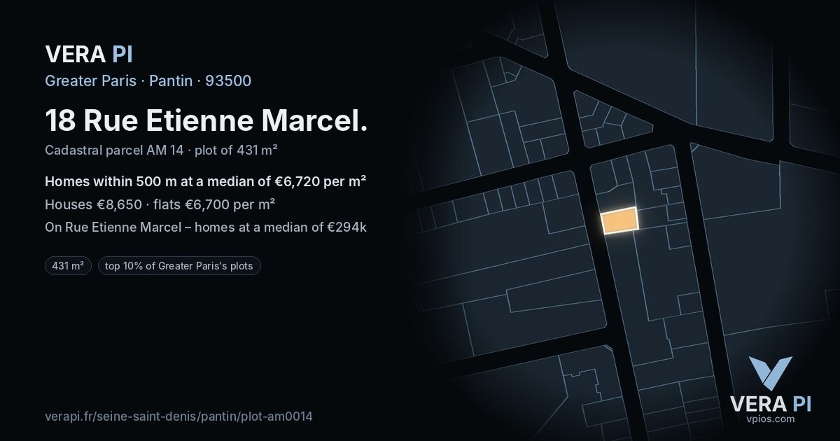 18 Rue Etienne Marcel, Pantin at night – the plot lit, the parcels around coloured by the prices near them