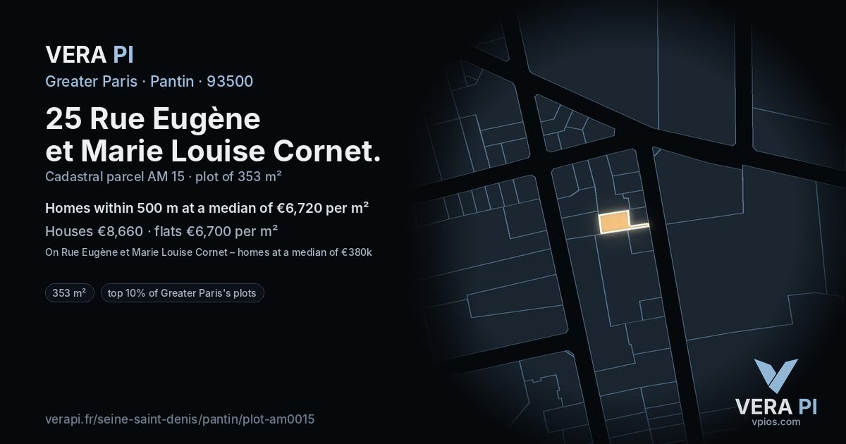 25 Rue Eugène et Marie Louise Cornet, Pantin at night – the plot lit, the parcels around coloured by the prices near them