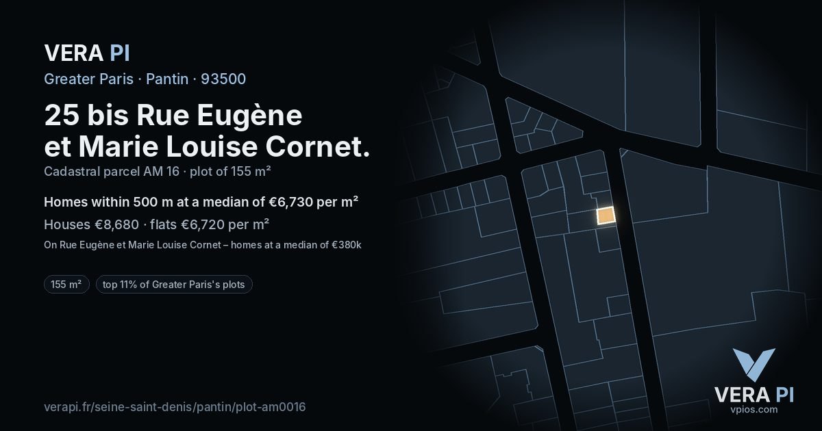 25 bis Rue Eugène et Marie Louise Cornet, Pantin at night – the plot lit, the parcels around coloured by the prices near them