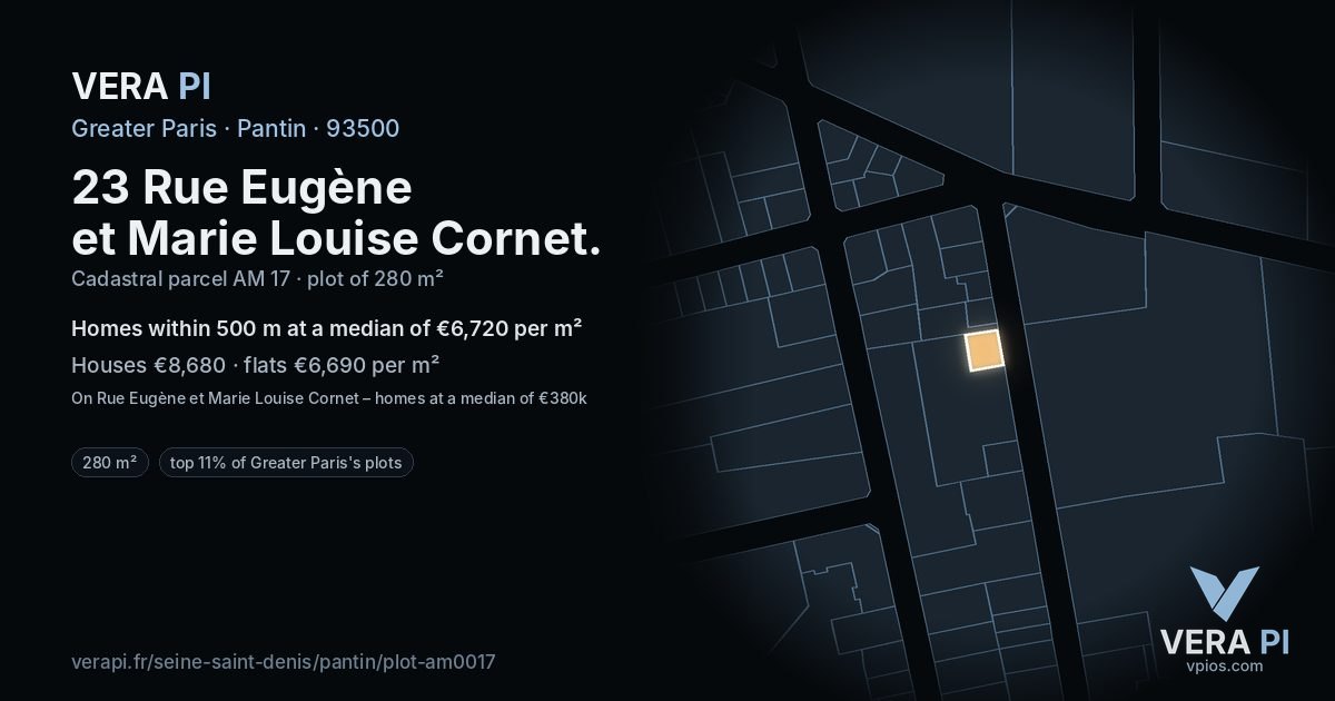 23 Rue Eugène et Marie Louise Cornet, Pantin at night – the plot lit, the parcels around coloured by the prices near them