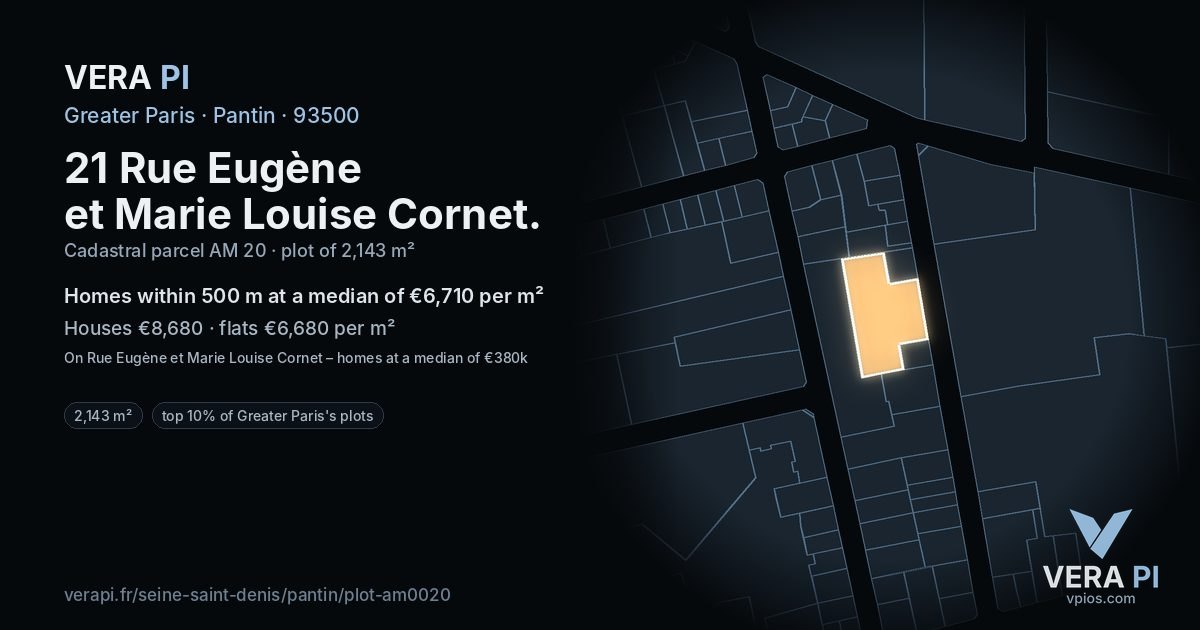 21 Rue Eugène et Marie Louise Cornet, Pantin at night – the plot lit, the parcels around coloured by the prices near them
