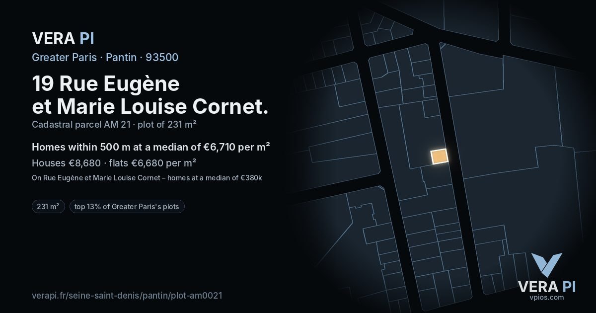 19 Rue Eugène et Marie Louise Cornet, Pantin at night – the plot lit, the parcels around coloured by the prices near them