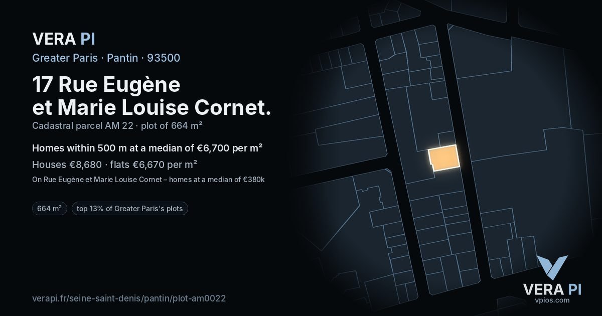 17 Rue Eugène et Marie Louise Cornet, Pantin at night – the plot lit, the parcels around coloured by the prices near them