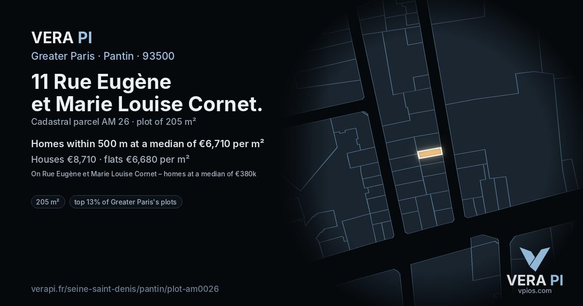 11 Rue Eugène et Marie Louise Cornet, Pantin at night – the plot lit, the parcels around coloured by the prices near them