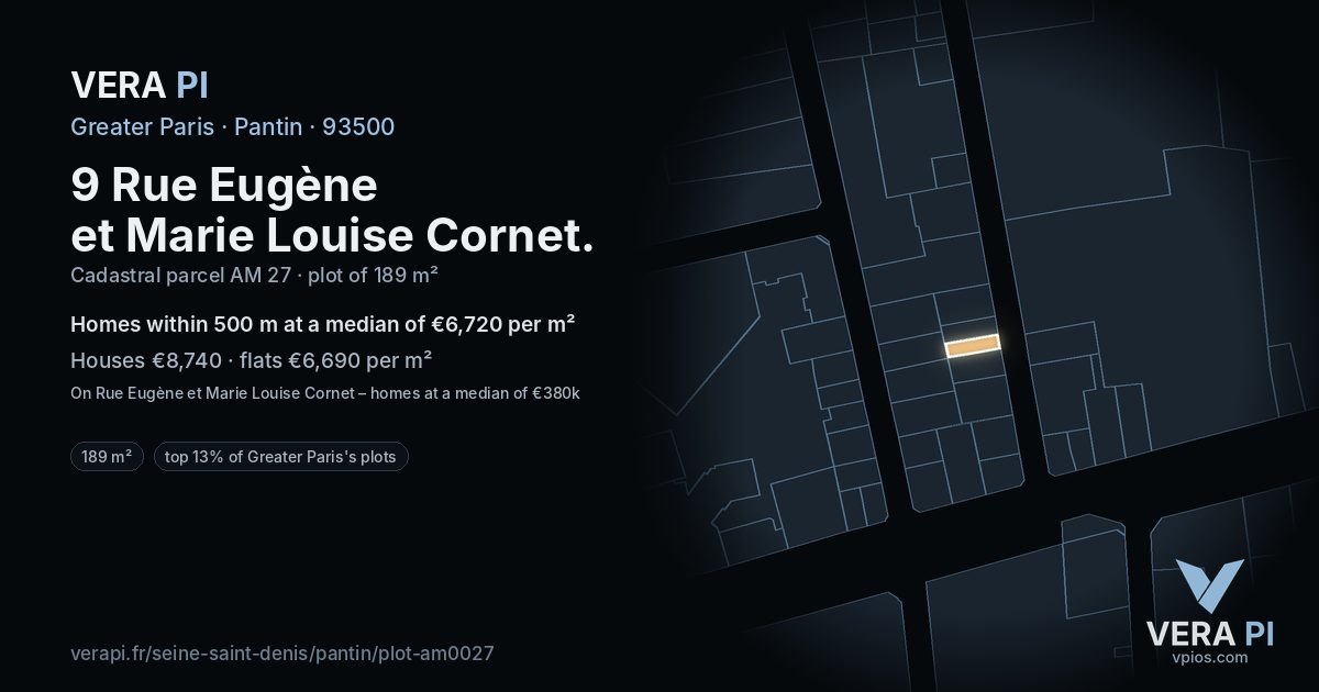 9 Rue Eugène et Marie Louise Cornet, Pantin at night – the plot lit, the parcels around coloured by the prices near them