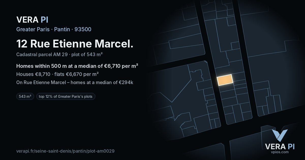 12 Rue Etienne Marcel, Pantin at night – the plot lit, the parcels around coloured by the prices near them