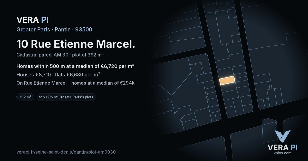 10 Rue Etienne Marcel, Pantin at night – the plot lit, the parcels around coloured by the prices near them