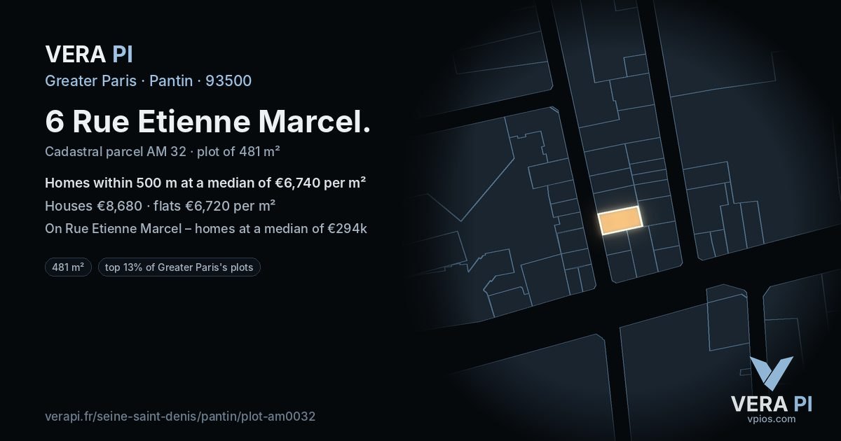 6 Rue Etienne Marcel, Pantin at night – the plot lit, the parcels around coloured by the prices near them