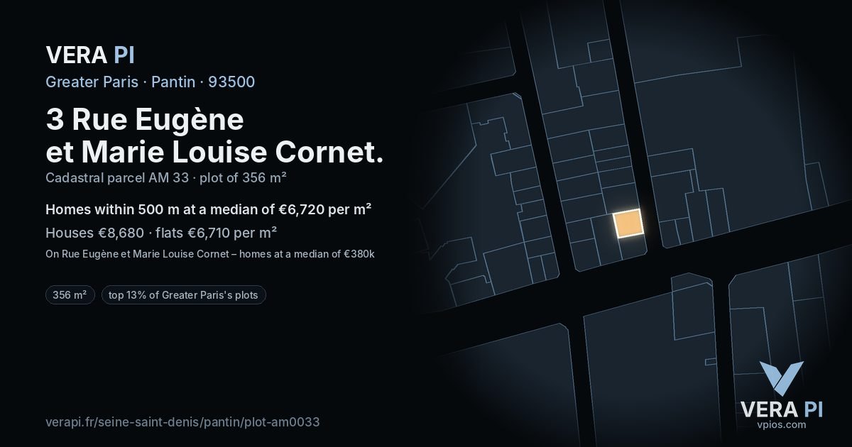 3 Rue Eugène et Marie Louise Cornet, Pantin at night – the plot lit, the parcels around coloured by the prices near them