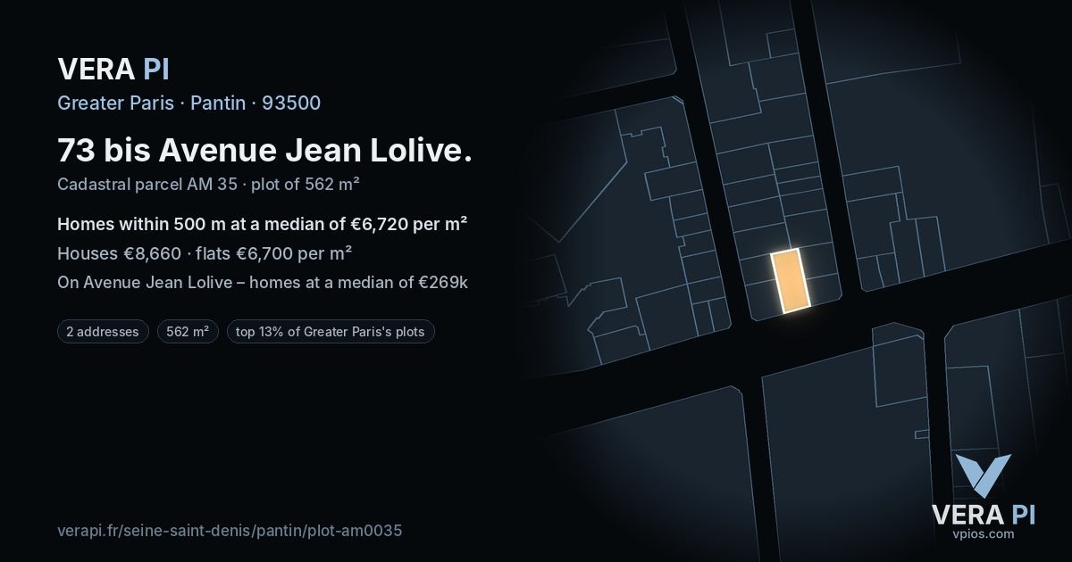 73 bis Avenue Jean Lolive, Pantin at night – the plot lit, the parcels around coloured by the prices near them